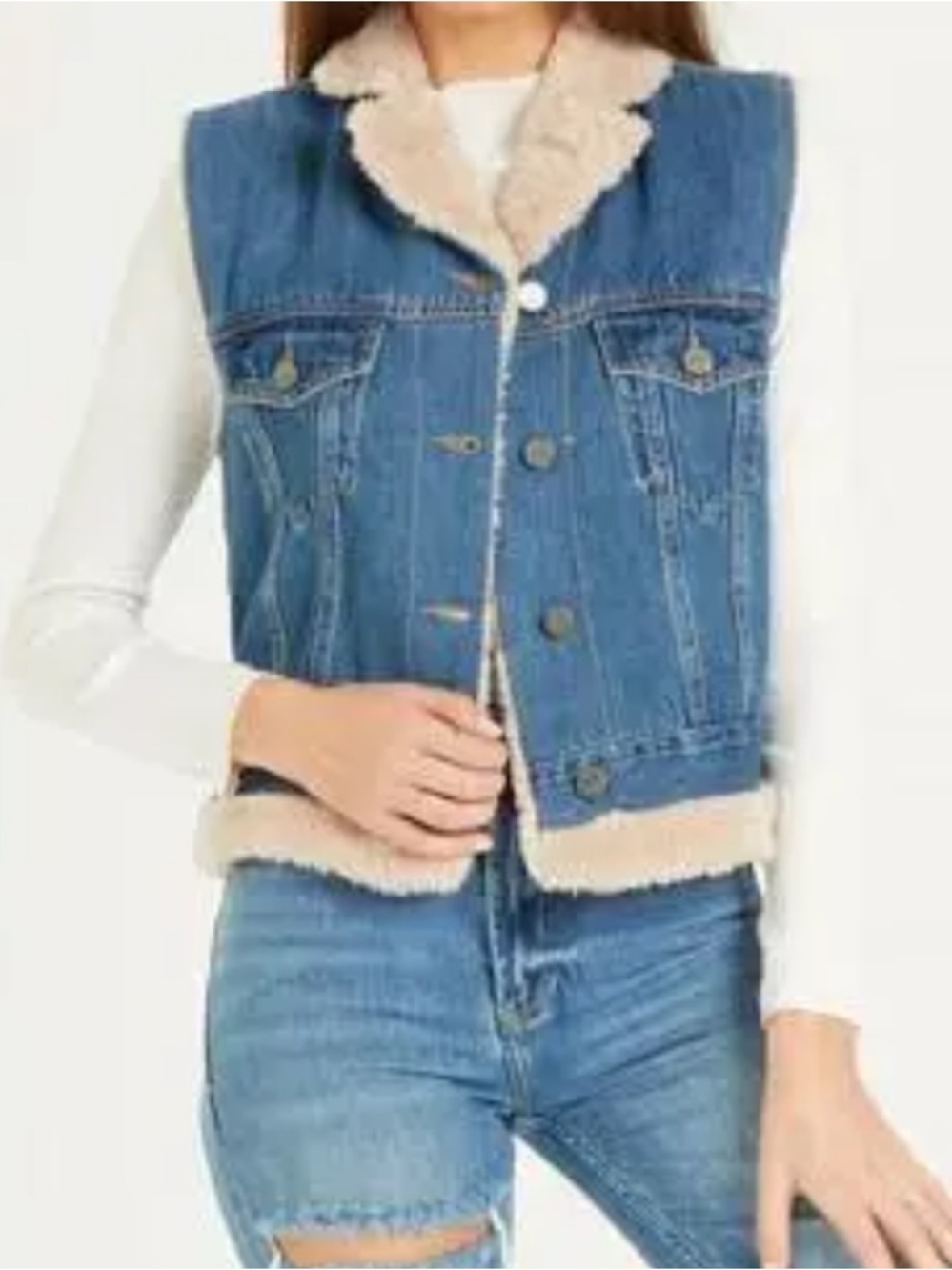 Dear John Blue Denim Sherpa Vest with Cream Trim